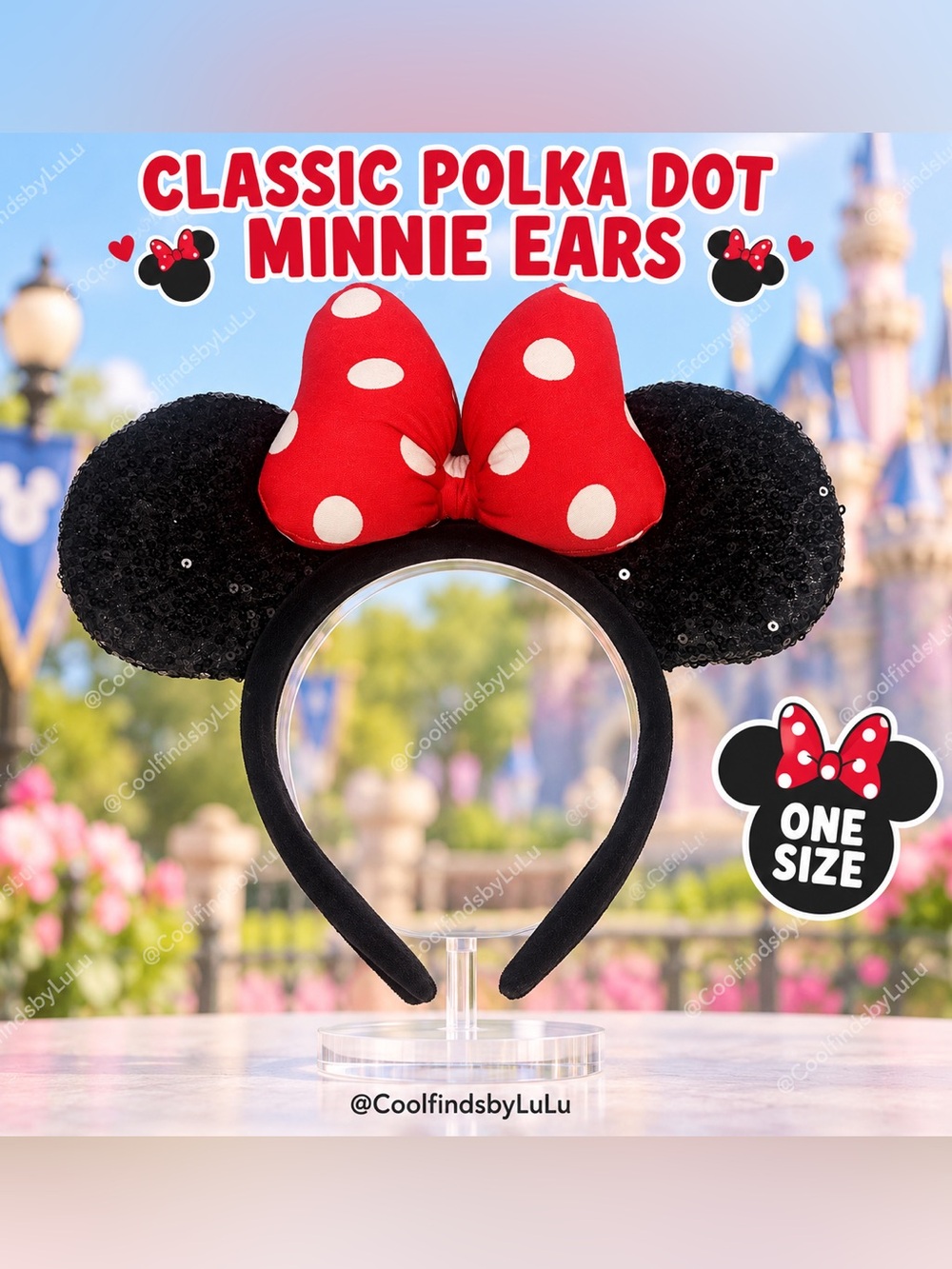 Classic Black Minnie Ears with Red Polka Dot Bow – One Size